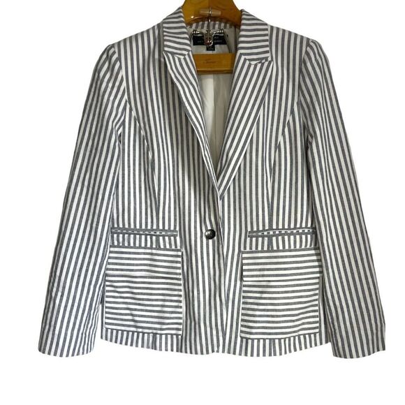 Tahari Women Blazer Career Jacket Stripes Single Button White Navy Sz: 10 - Picture 1 of 6